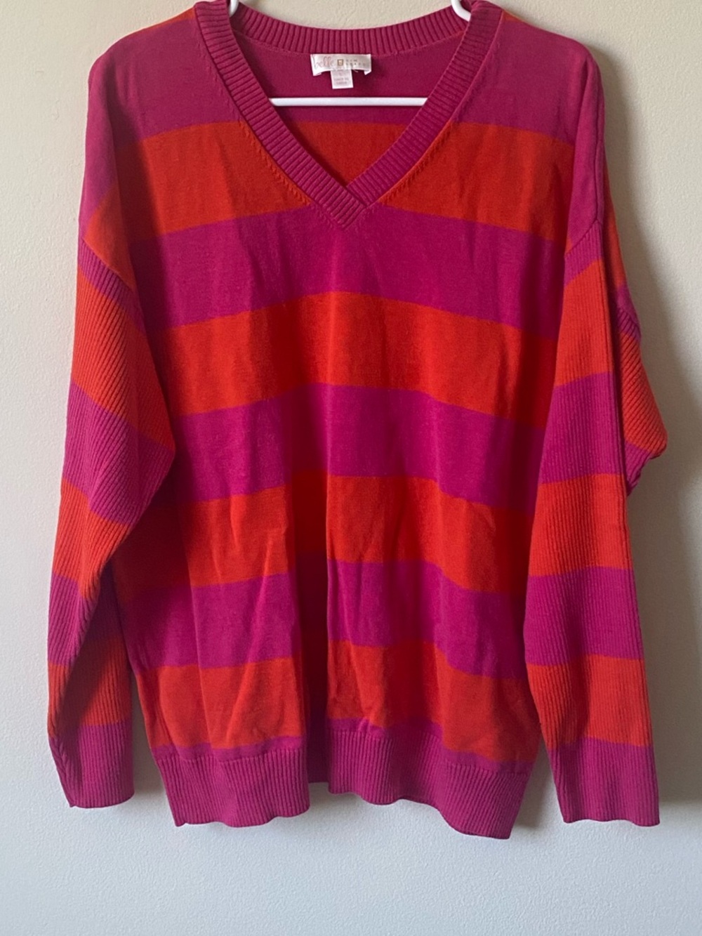 Belle by Kim Gravel V-Neck Striped Sweater in Pink & Orange